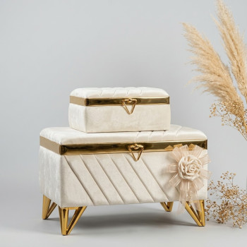 Krem Kadife V Modeli Nişan Sandığı Seti 2'li - Gold Metal Ayaklı Lüks Çeyiz Sandığı