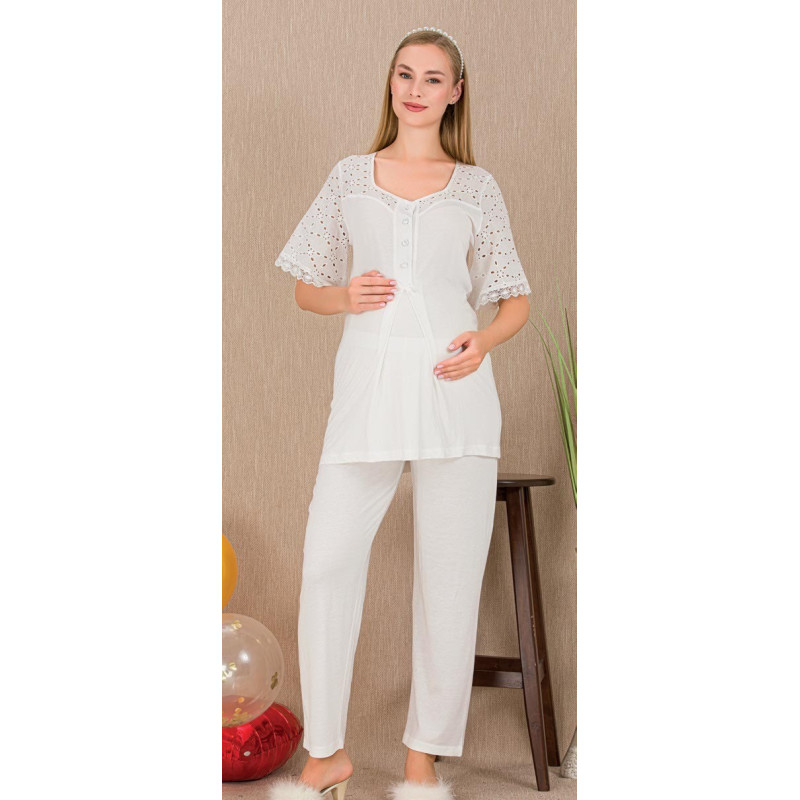 Ceyyiz Ekru Kadın Lohusa & Hamile 3’lü Sabahlıklı Pijama Takımı 33006