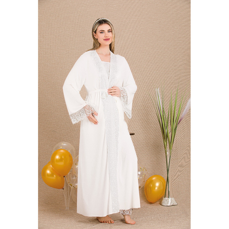 Ceyyiz Ekru Kadın Lohusa & Hamile 3’lü Sabahlıklı Pijama Takımı