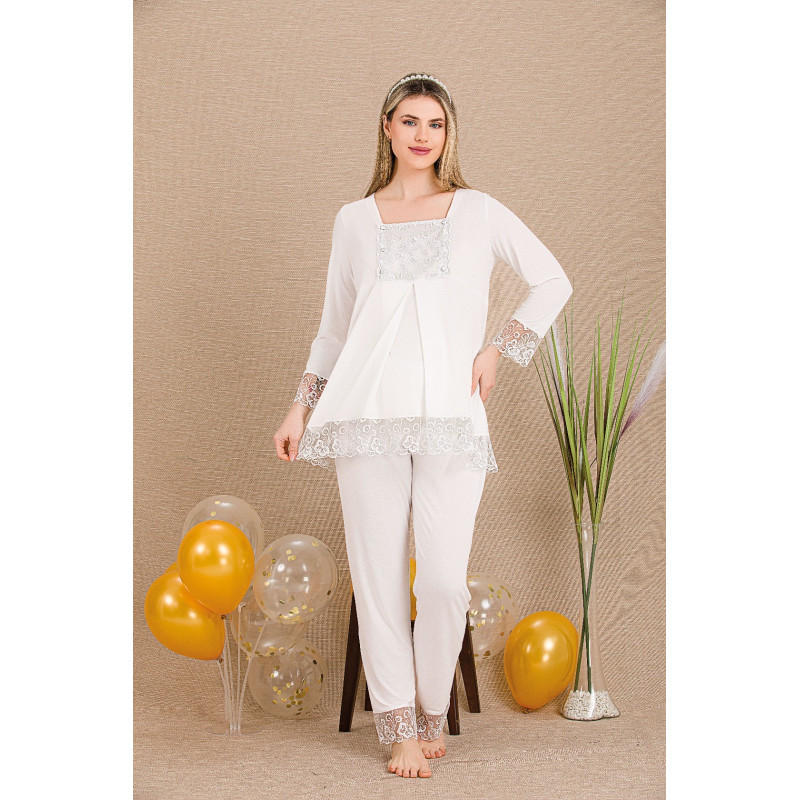 Ceyyiz Ekru Kadın Lohusa & Hamile 3’lü Sabahlıklı Pijama Takımı