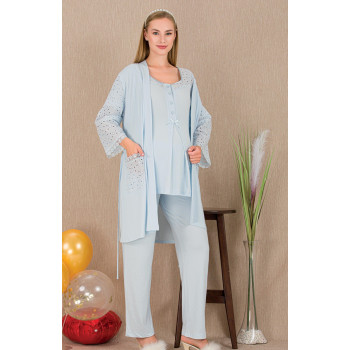 Ceyyiz Mavi Kadın Lohusa & Hamile 3’lü Sabahlıklı Pijama Takımı 33006