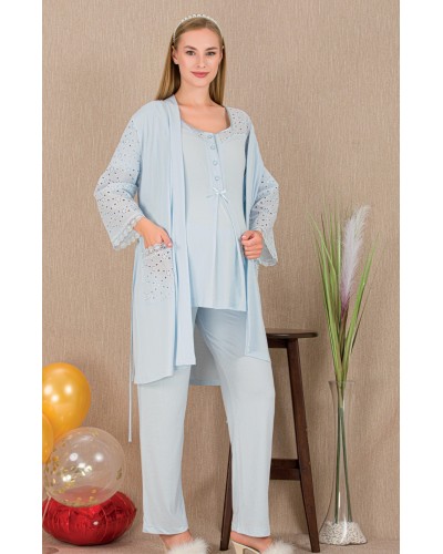 Ceyyiz Mavi Kadın Lohusa & Hamile 3’lü Sabahlıklı Pijama Takımı 33006