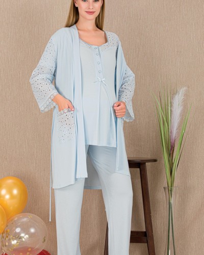 Ceyyiz Mavi Kadın Lohusa & Hamile 3’lü Sabahlıklı Pijama Takımı 33006