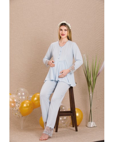 Ceyyiz Mavi Kadın Lohusa & Hamile 3’lü Sabahlıklı Pijama Takımı 33006
