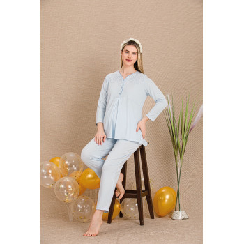 Ceyyiz Mavi Kadın Lohusa & Hamile 3’lü Sabahlıklı Pijama Takımı