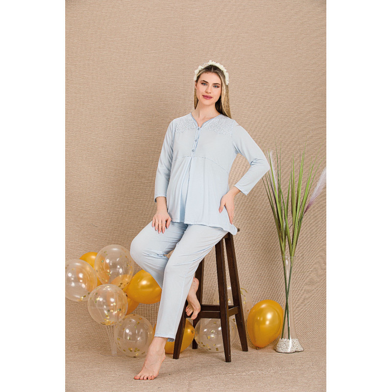 Ceyyiz Mavi Kadın Lohusa & Hamile 3’lü Sabahlıklı Pijama Takımı