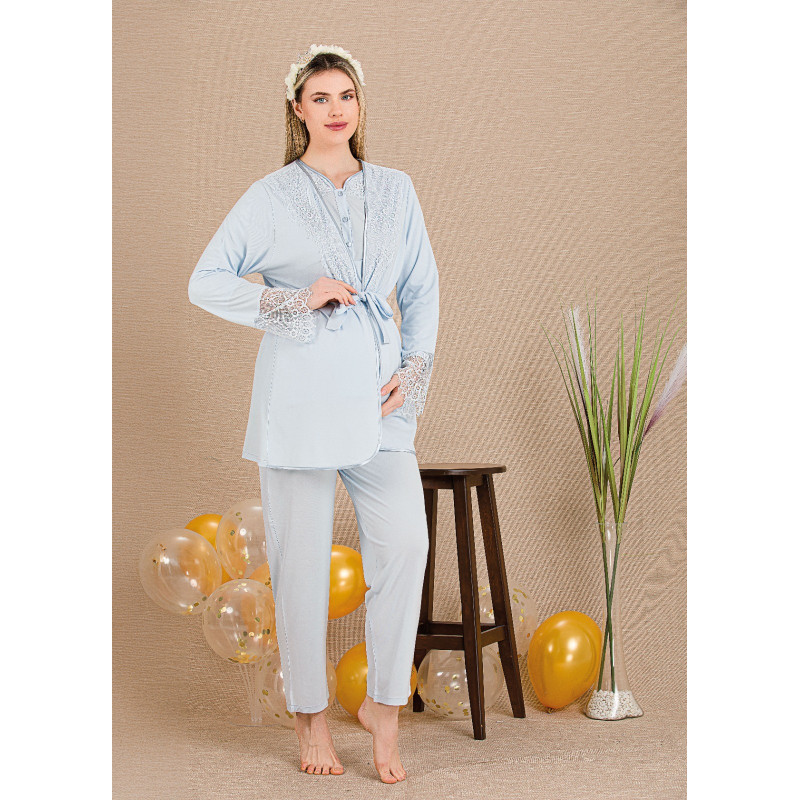 Ceyyiz Mavi Kadın Lohusa & Hamile 3’lü Sabahlıklı Pijama Takımı