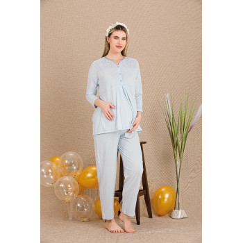 Ceyyiz Mavi Kadın Lohusa & Hamile 3’lü Sabahlıklı Pijama Takımı