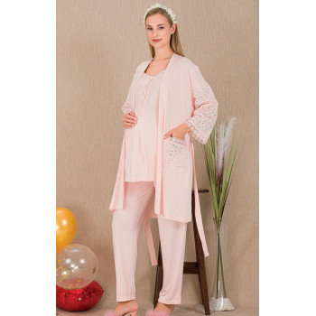 Ceyyiz Pudra Kadın Lohusa & Hamile 3’lü Sabahlıklı Pijama Takımı 33006