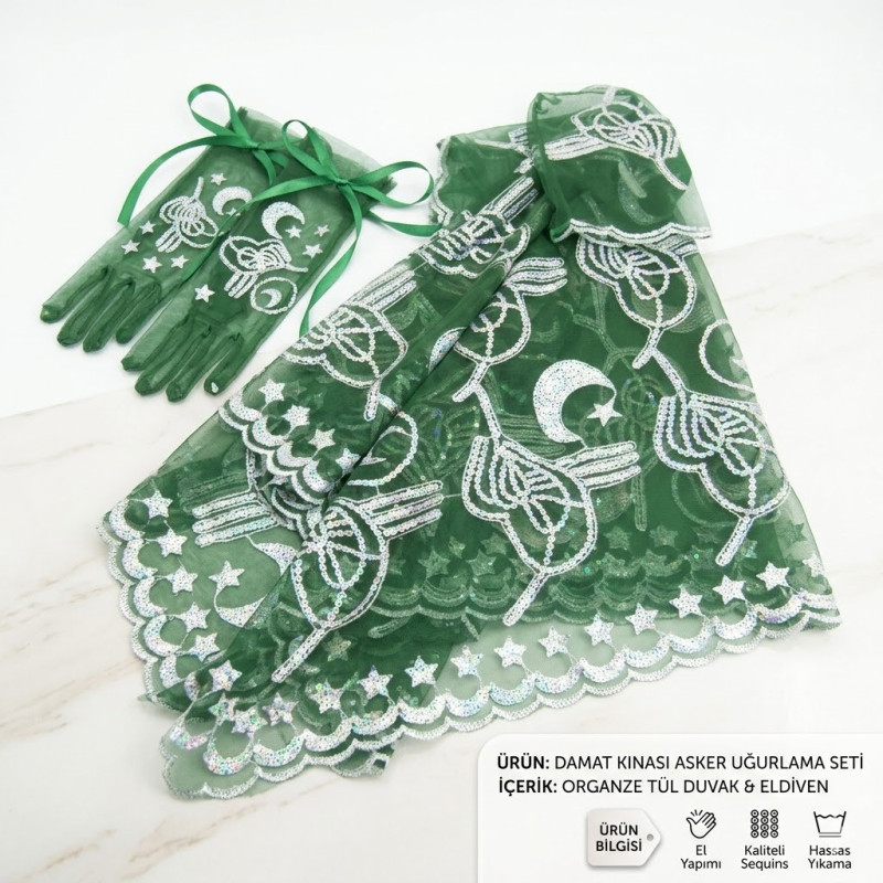 Damat Kınası Asker Uğurlama Organze Tül Duvak ve Eldiven