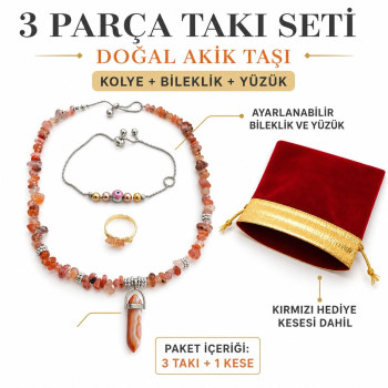 Doğal Akik Taşlı 3’lü Kadın Takı Seti – Kolye, Ayarlanabilir Bileklik ve Yüzük, Fusya Hediye Keseli