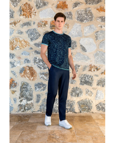 Doreanse Erkek Lacivert Palmiye Desenli Pantolon T-Shirt Pijama Takımı 24Y4508 - Standart