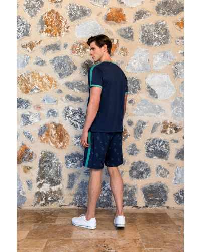 Doreanse Erkek Lacivert Turkuaz Palmiye Desenli Şort T-Shirt Pijama Takımı 24Y4512 - Standart