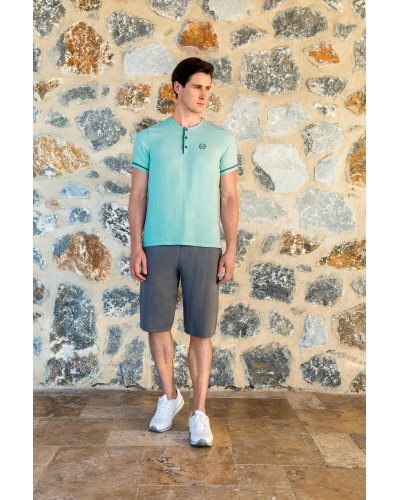 Doreanse Erkek Mavi Gri Düğme Yaka %100 Pamuk Şort T-Shirt Pijama Takımı 24Y4501 - Standart