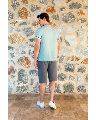 Doreanse Erkek Mavi Gri Düğme Yaka %100 Pamuk Şort T-Shirt Pijama Takımı 24Y4501 - Standart