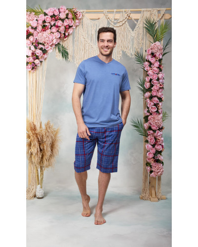 Doreanse Erkek Mavi Kırmızı Ekose Desenli Şort T-Shirt Pijama Takımı 25Y4578 - Standart