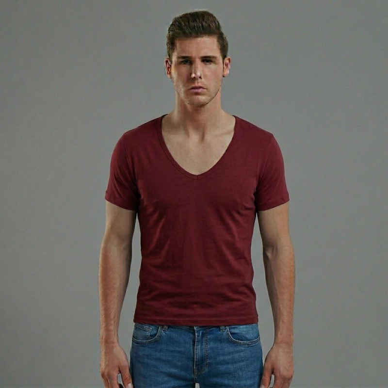 Doreanse Erkek Modal Derin V Yaka Kısa Kol T Shirt 2820 Bordo