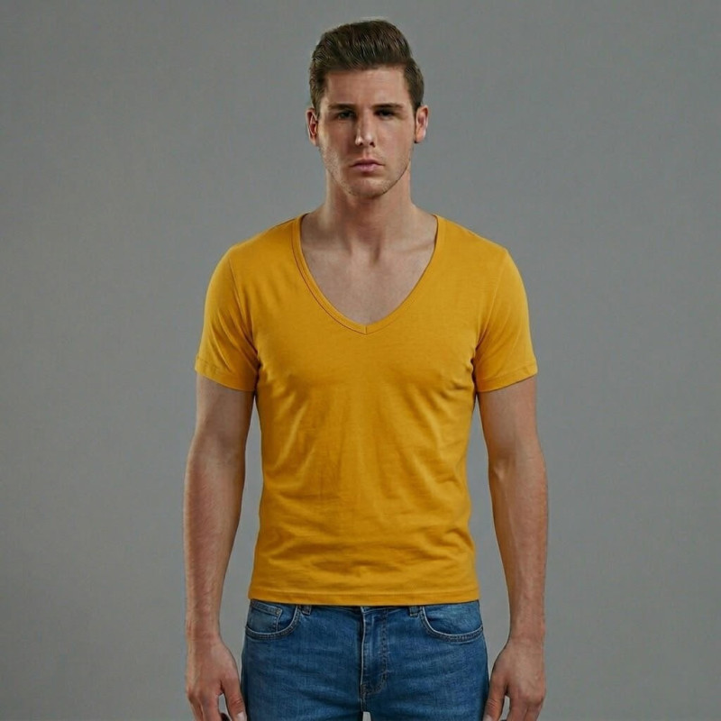Doreanse Erkek Modal Derin V Yaka Kısa Kol T Shirt 2820 Sarı