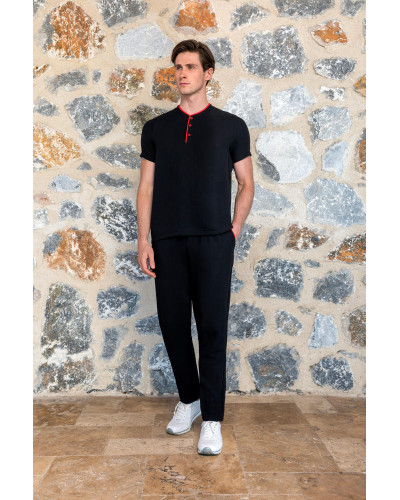 Doreanse Erkek Siyah Kırmızı Düğme Yaka %100 Pamuk T-Shirt Pijama Takımı 24Y4500 - Standart