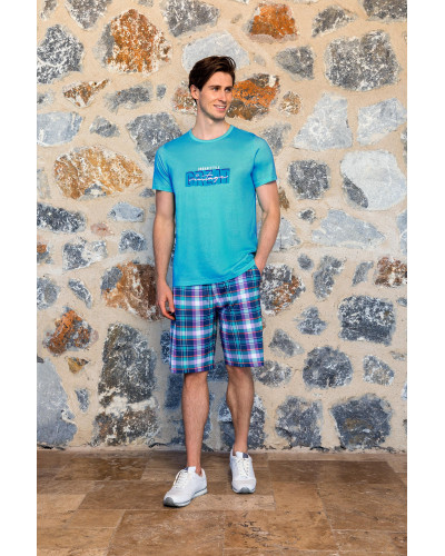 Doreanse Erkek Turkuaz Baskılı Ekose Desenli Şort T-Shirt Pijama Takımı 24Y4507 - Standart