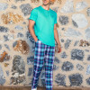 Doreanse Erkek Turkuaz Düğme Yaka Ekose Pantolon T-Shirt Pijama Takımı 24Y4506 - Standart