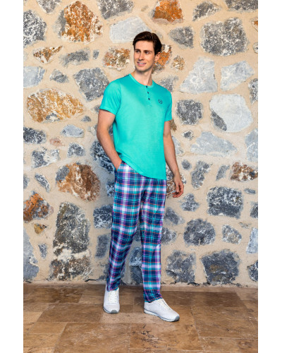 Doreanse Erkek Turkuaz Düğme Yaka Ekose Pantolon T-Shirt Pijama Takımı 24Y4506 - Standart