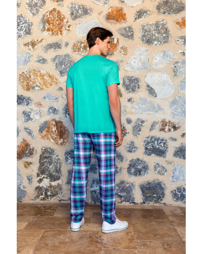 Doreanse Erkek Turkuaz Düğme Yaka Ekose Pantolon T-Shirt Pijama Takımı 24Y4506 - Standart