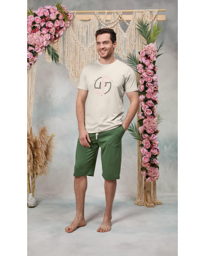 Doreanse Erkek Yeşil Şort Krem Baskılı T-Shirt Pijama Takımı 25Y4576 - Standart