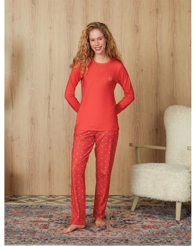 Doreanse Kadın Narçiçeği Puantiye Desenli T-Shirt Pijama Takımı 4144 - Standart