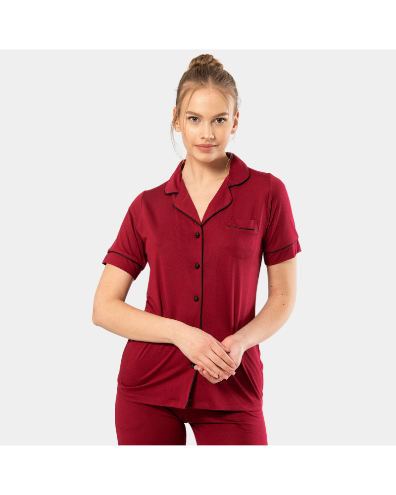Kadin Düz Kisa Kollu Gömlek Yaka Pijama Takimi 3368/Bordo Kadin Düz Kisa Kollu Gömlek Yaka Pijama Takimi 3368/Bordo