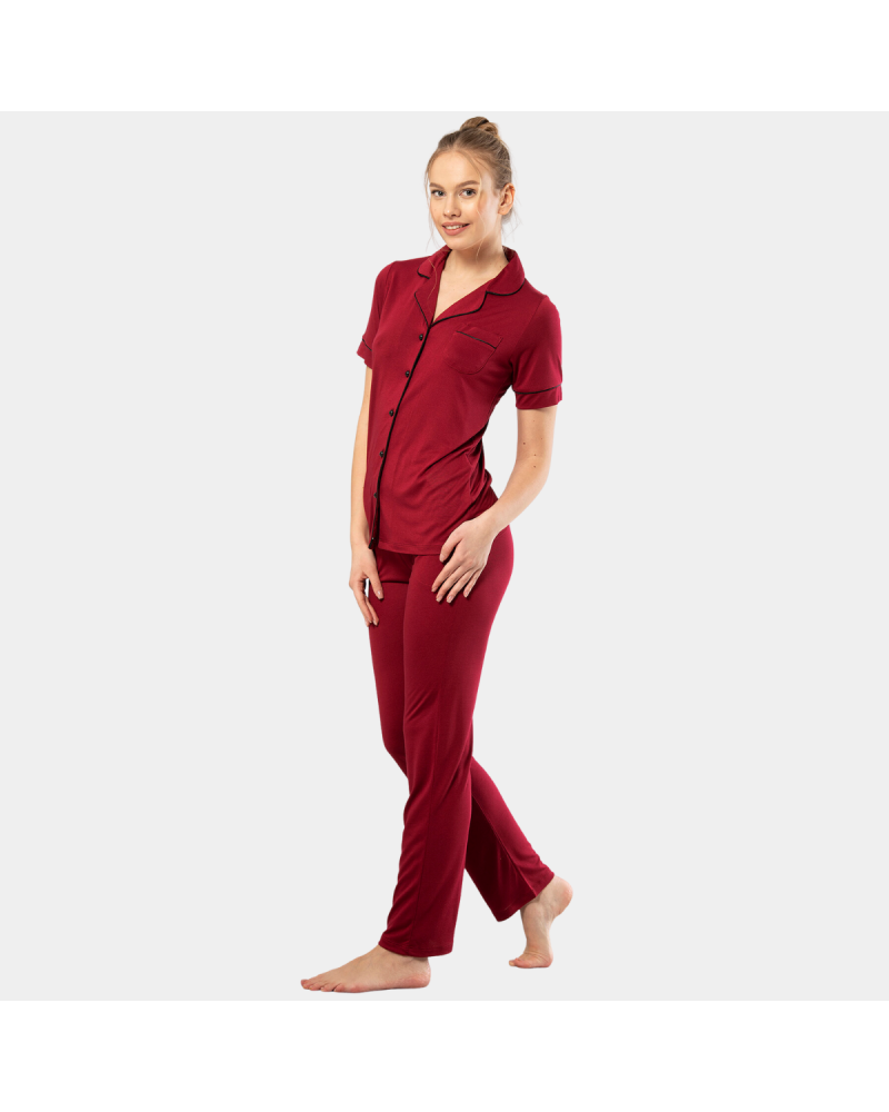 Kadin Düz Kisa Kollu Gömlek Yaka Pijama Takimi 3368/Bordo Kadin Düz Kisa Kollu Gömlek Yaka Pijama Takimi 3368/Bordo