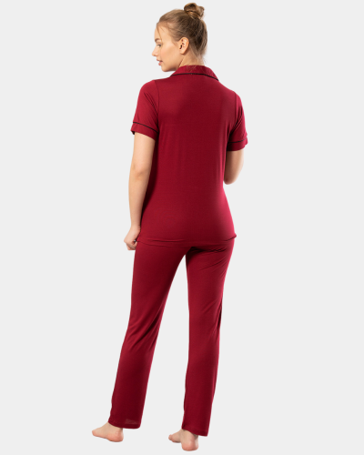 Kadin Düz Kisa Kollu Gömlek Yaka Pijama Takimi 3368/Bordo Kadin Düz Kisa Kollu Gömlek Yaka Pijama Takimi 3368/Bordo