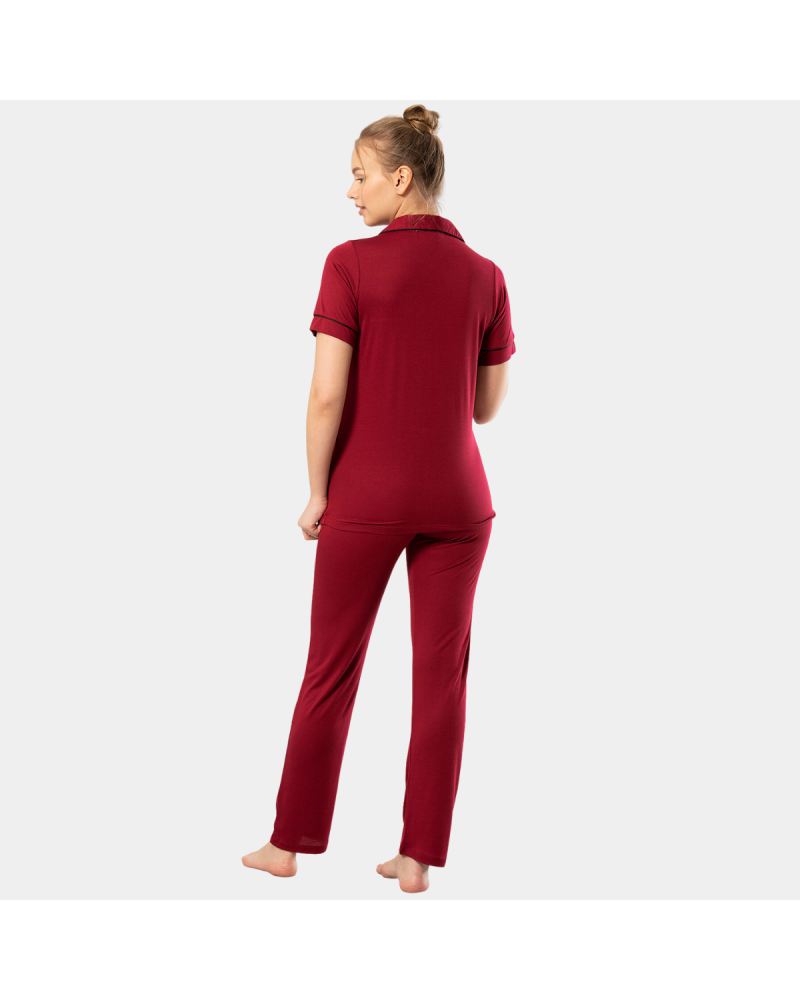 Kadin Düz Kisa Kollu Gömlek Yaka Pijama Takimi 3368/Bordo Kadin Düz Kisa Kollu Gömlek Yaka Pijama Takimi 3368/Bordo