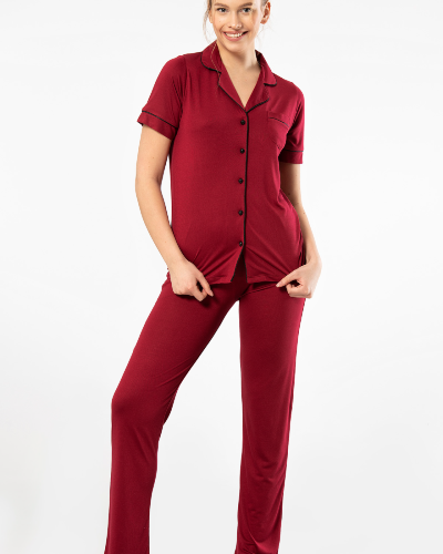 Kadin Düz Kisa Kollu Gömlek Yaka Pijama Takimi 3368/Bordo