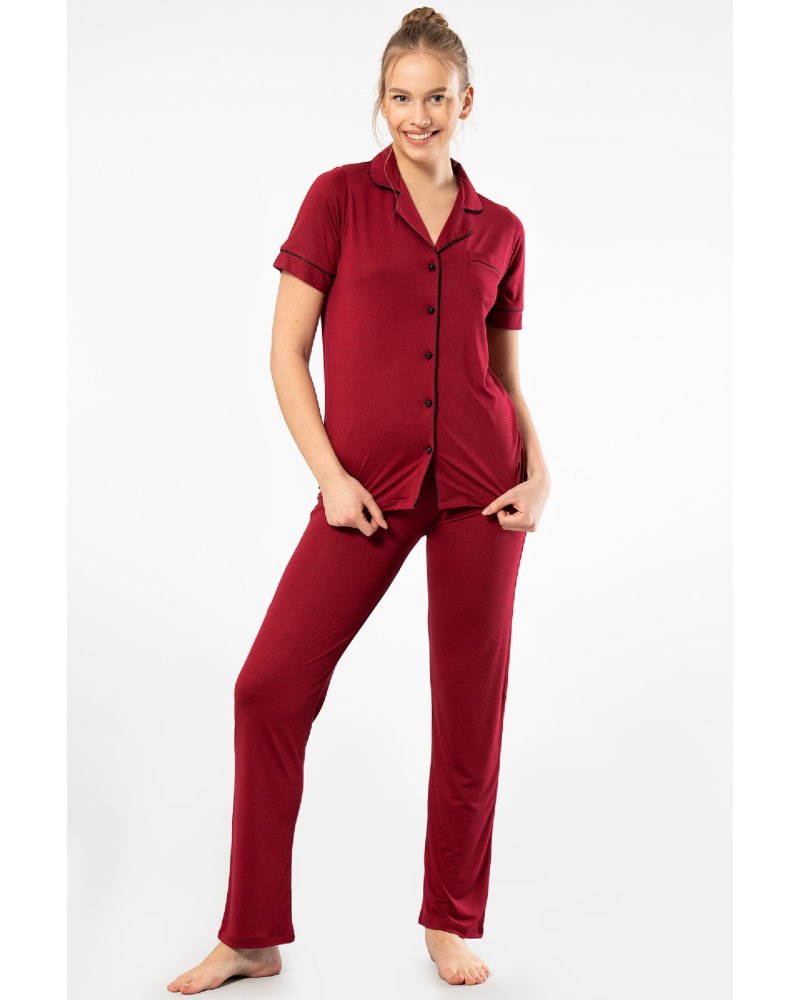 Kadin Düz Kisa Kollu Gömlek Yaka Pijama Takimi 3368/Bordo Kadin Düz Kisa Kollu Gömlek Yaka Pijama Takimi 3368/Bordo