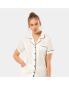 Kadin Düz Kisa Kollu Gömlek Yaka Pijama Takimi 3368/Ekru Kadin Düz Kisa Kollu Gömlek Yaka Pijama Takimi 3368/Ekru