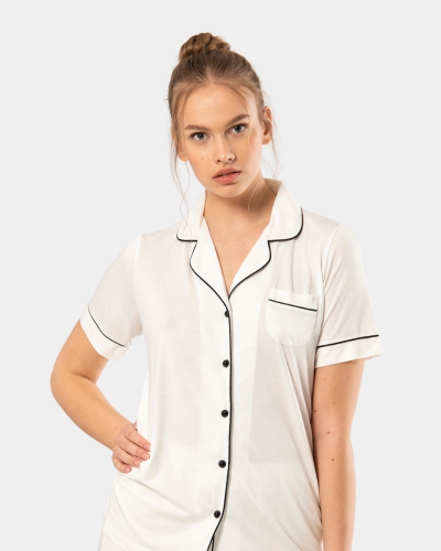 Kadin Düz Kisa Kollu Gömlek Yaka Pijama Takimi 3368/Ekru Kadin Düz Kisa Kollu Gömlek Yaka Pijama Takimi 3368/Ekru
