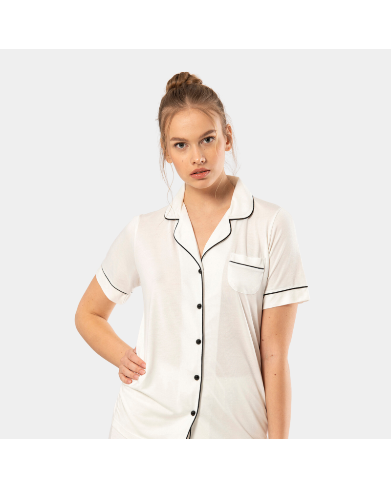 Kadin Düz Kisa Kollu Gömlek Yaka Pijama Takimi 3368/Ekru Kadin Düz Kisa Kollu Gömlek Yaka Pijama Takimi 3368/Ekru