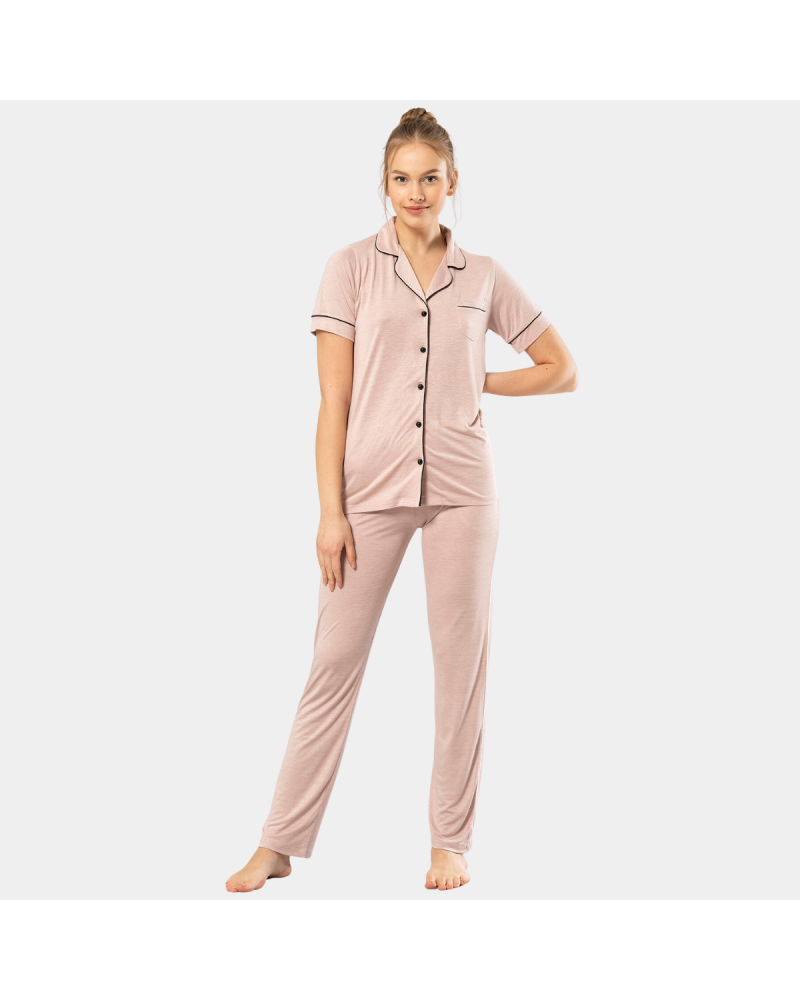 Kadin Düz Kisa Kollu Gömlek Yaka Pijama Takimi 3368/Pudra Kadin Düz Kisa Kollu Gömlek Yaka Pijama Takimi 3368/Pudra