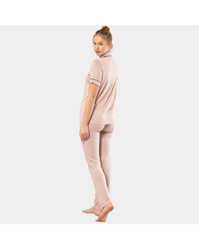 Kadin Düz Kisa Kollu Gömlek Yaka Pijama Takimi 3368/Pudra