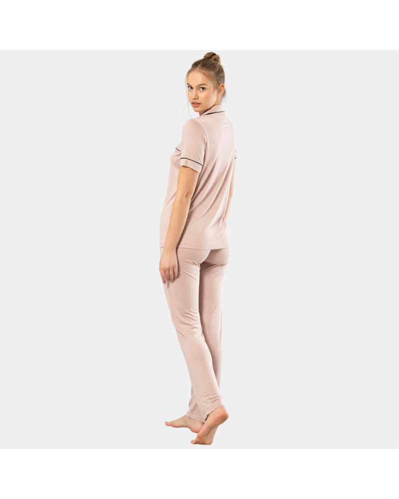 Kadin Düz Kisa Kollu Gömlek Yaka Pijama Takimi 3368/Pudra Kadin Düz Kisa Kollu Gömlek Yaka Pijama Takimi 3368/Pudra