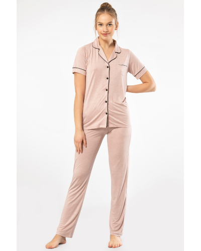 Kadin Düz Kisa Kollu Gömlek Yaka Pijama Takimi 3368/Pudra