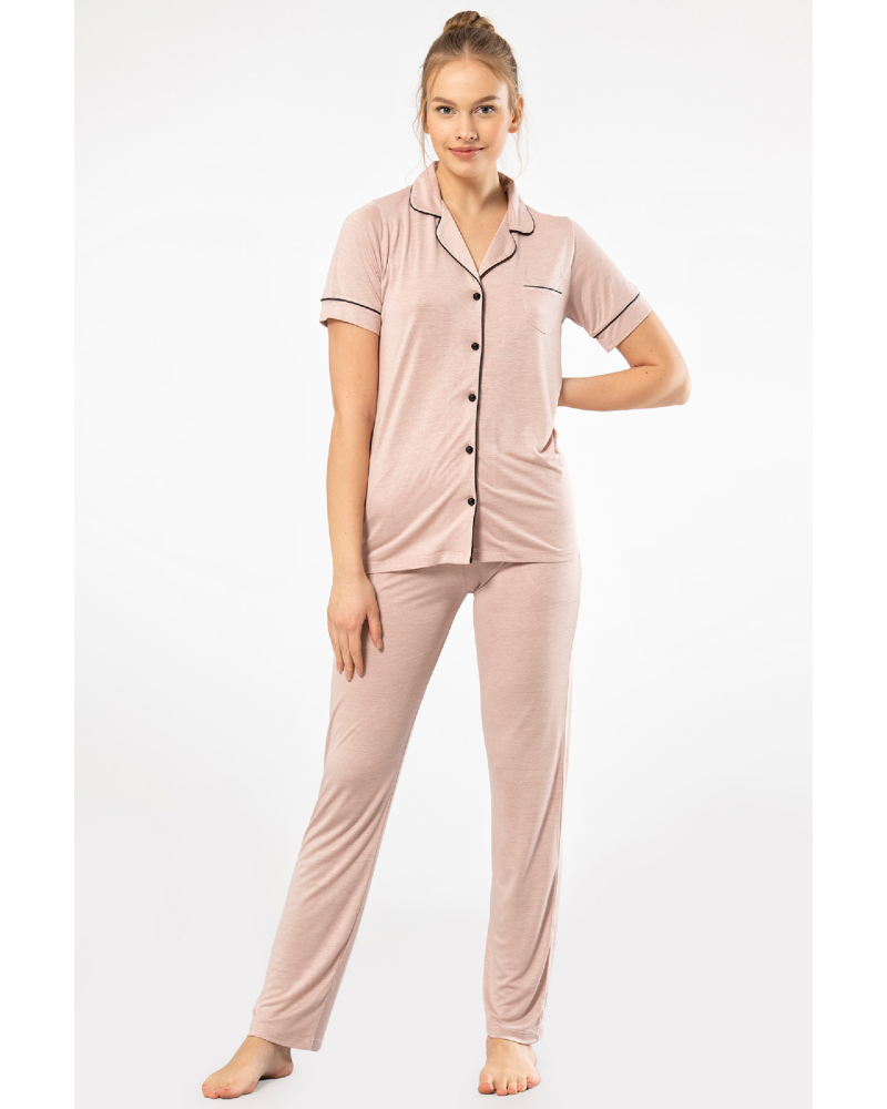 Kadin Düz Kisa Kollu Gömlek Yaka Pijama Takimi 3368/Pudra Kadin Düz Kisa Kollu Gömlek Yaka Pijama Takimi 3368/Pudra