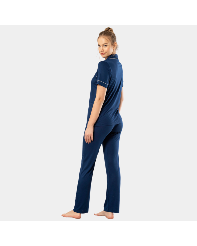 Kadin Düz Kisa Kollu Gömlek Yaka Pijama Takimi 3368/Lacivert