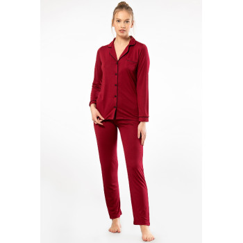 Kadin Düz Uzun Kollu Gömlek Yaka Pijama Takimi 3365/Bordo