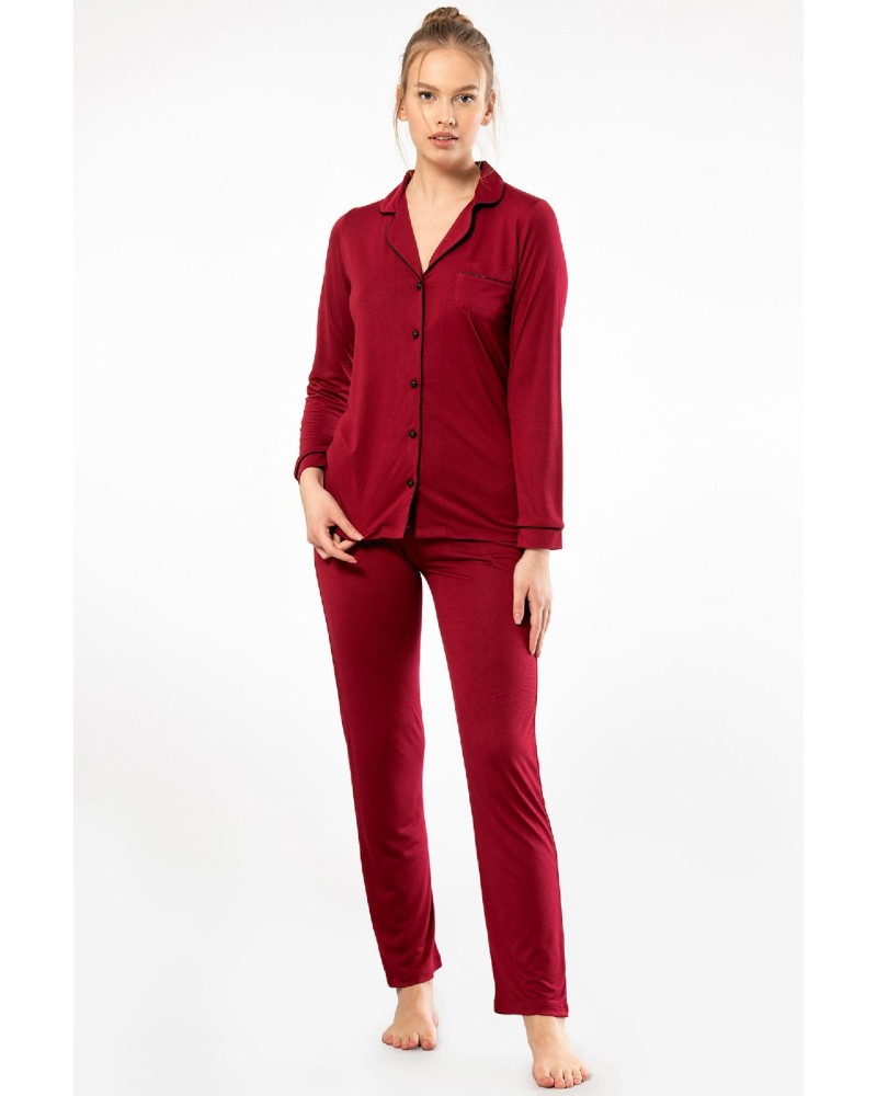 Kadin Düz Uzun Kollu Gömlek Yaka Pijama Takimi 3365/Bordo Kadin Düz Uzun Kollu Gömlek Yaka Pijama Takimi 3365/Bordo