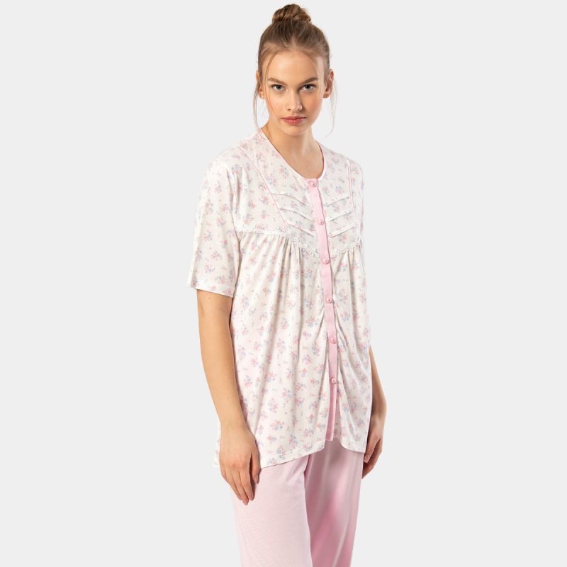Türen Empirme Dügmeli Battal Kisa Kollu Pijama Takimi 3370/Pembe Türen Empirme Dügmeli Battal Kisa Kollu Pijama Takimi 3370/Pembe