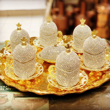 ERS 8'Li Gold Beyaz Kristal Taşlı Lokumluk Kahve Fincanı Set