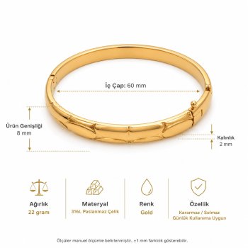 Gold Desenli Kelepçe Bileklik Kadın | Parlak Gold Renk Şık Bijuteri Bileklik 60 mm Gold Desenli Kelepçe Bileklik Kadın | Parlak Gold Renk Şık Bijuteri Bileklik 60 mm