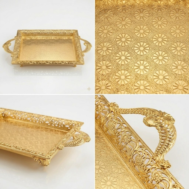 Gold Renk Ayaklı Tepsi Orta Boy Lkm-427 Gold - Lüks Sunum Tepsisi